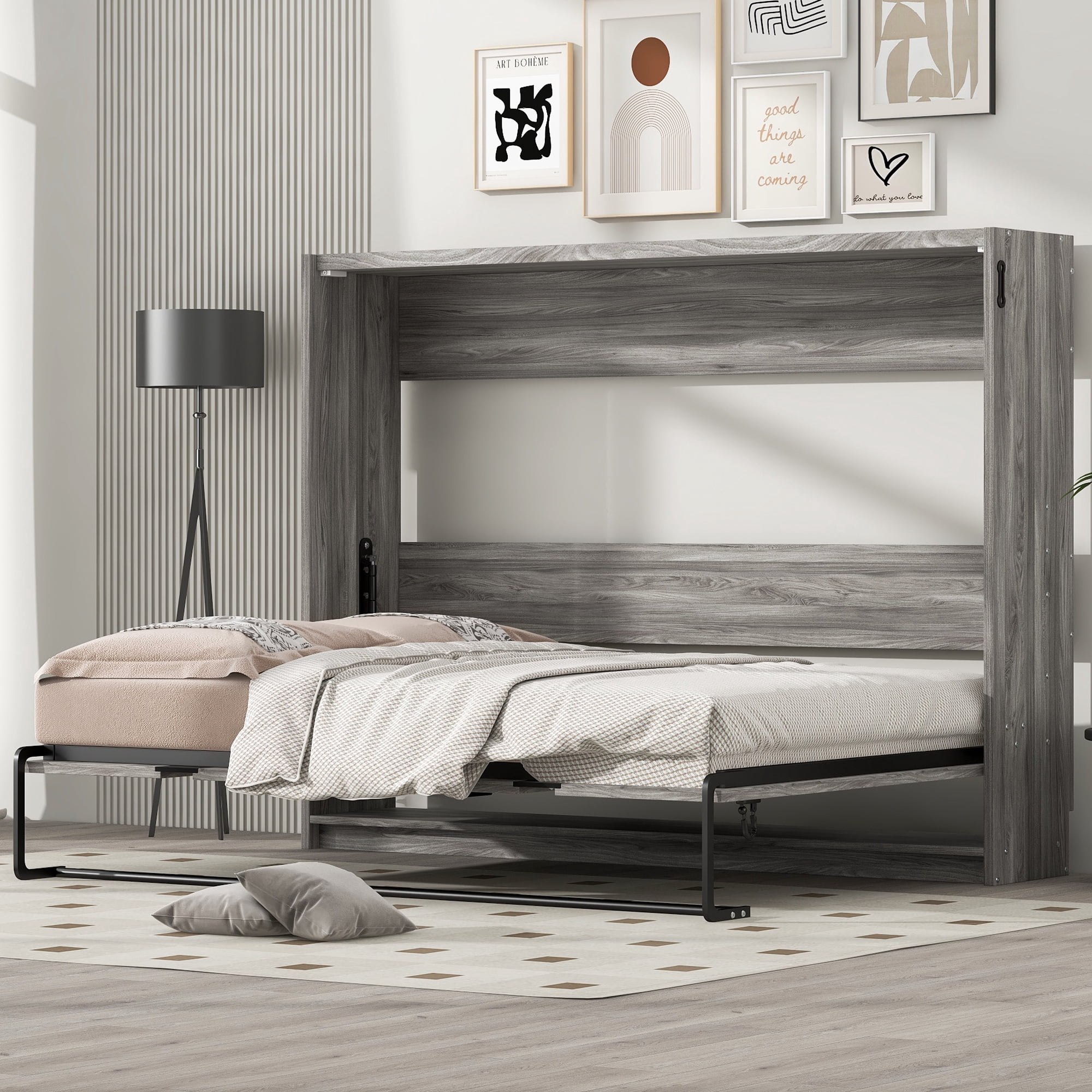 Euroco Wood Full Size Murphy Bed, Convertible into Cabinet, Gray