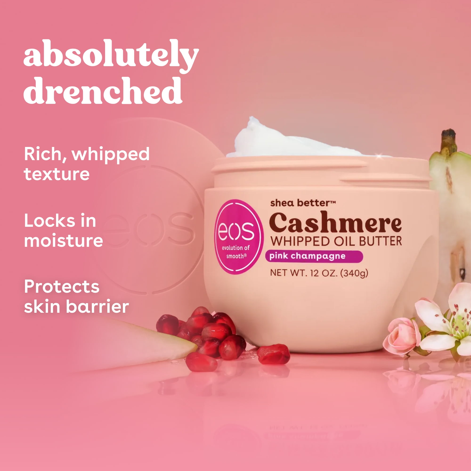 eos Pink Champagne Whipped Body Butter, 72 Hour Moisturizing Body Butter for Dry Skin with Shea, Cocoa & Argan Oil, 12 oz