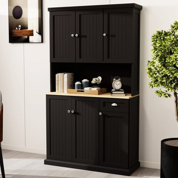 Black Kitchen Storage Hutch with 6 Doors & 1 Drawer / Anti-Tip Design for Safety