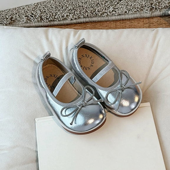 Girls' Solid Color Bow Princess Shoes, Simple Round Toe Soft Sole Mary Janes, Great for Parties, School, and Daily Casual Wear Silver 7.5-8 Years