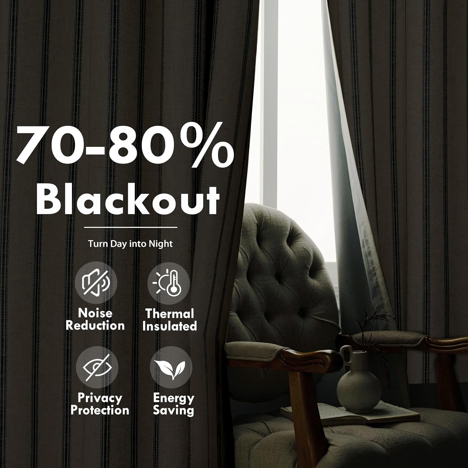 DriftAway Farmhouse Linen Blend Blackout Curtains for Bedroom Double Layers Striped Printed Linen Curtains Thermal Insulated Rod Pocket Back Tab Treatment for Living Room 2 Panels W52 x L72 Navy