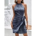 thumbnail image 5 of Navy Blue Allover White Dot Sleeveless Halter Wrap Mini Dress For Women, 5 of 6