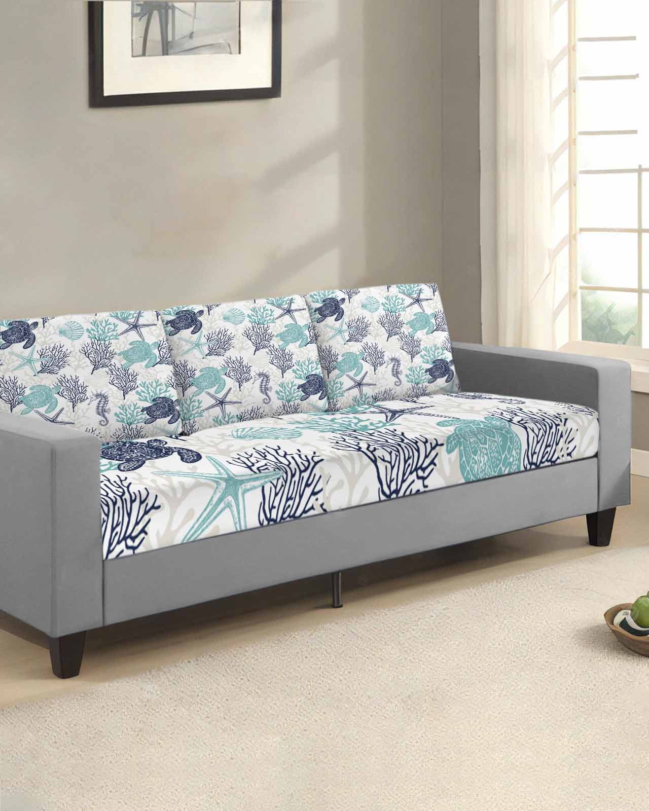 Teal Blue Coastal Couch Cushion Covers Stretch, Washable Sofa Seat Covers Individual Seat Cushion Sofa Slipcovers Sea Turtle Nautical Coral Summer Beach Couch Cover Furniture Protector S-3PCS