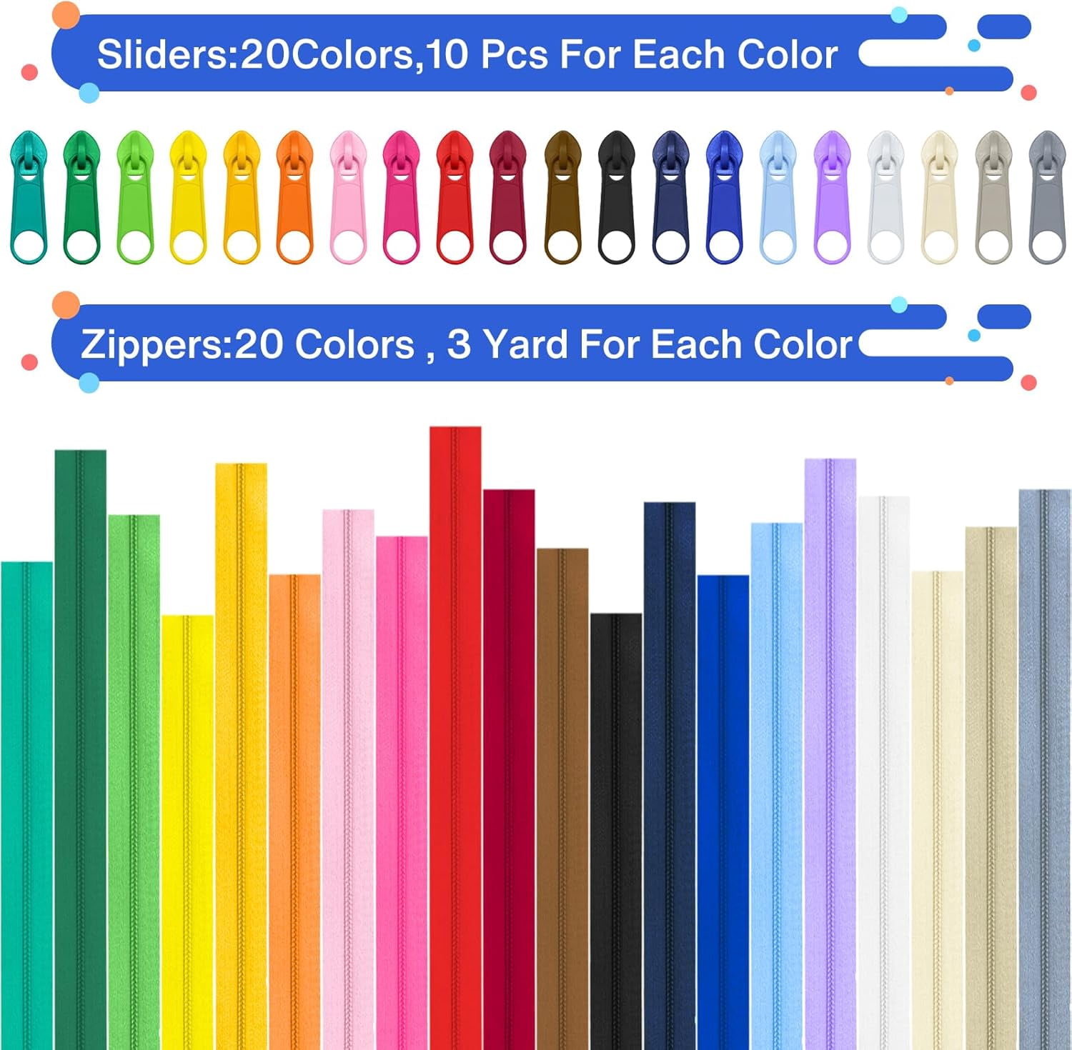 Piokio 60 Yards 20 Pcs Colors Sewing Zippers Bulk #5 Nylon Coil Zippered, with 200 Assorted Colorful Pcs Pull Heads for Sewing Crafts