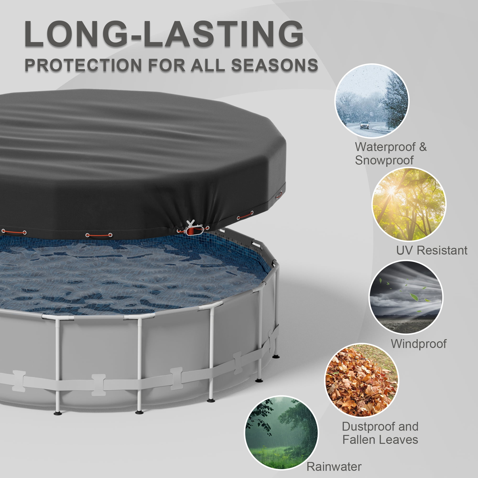COSYUMI 10Ft Round Pool Cover, 420D Heavy Duty Oxford Solar Pool Covers for Above Ground Pool with Winch and Cable, All Season Inflatable Pool Cover for UV Resistant, Waterproof, Snowproof Windproof