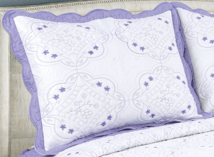 Marina Decoration Embroidered Stitching Coverlet Bedspread Ultra Soft Solid Bedding Summer Quilt Set with Quilted Sham, Purple Floral Pattern