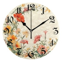 Wall Clock 10 Inch Silent Non-Ticking 8 Flowers on Yellow Battery Operated Rustic Retro for Living Room Home Kitchen Bathroom