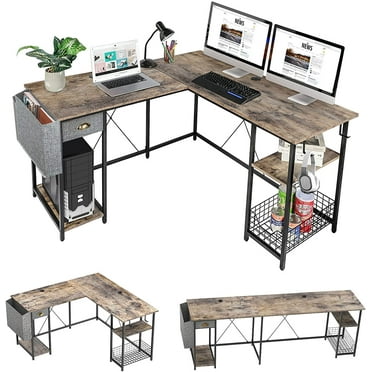 X-cosrack 2 Person Desk Large L-Shaped Computer Desk with Storage Shelves Drawer, Home Office Writing Corner Desk, Long Desk PC Laptop Workstation with Hooks Storage Bag Cable Hole