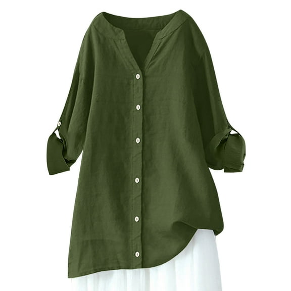 EchfiProm V-Neck Tops for Women Army Green Fall Shirts Cotton Linen Button down Blouse Loose Womens Solid