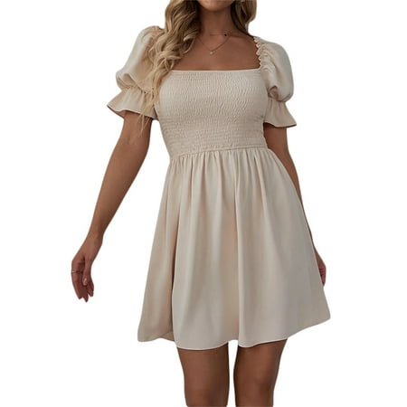 

Polinkety Women Short Sleeve Dress with Square Neck and Ruffle Pleated Summer One-piece