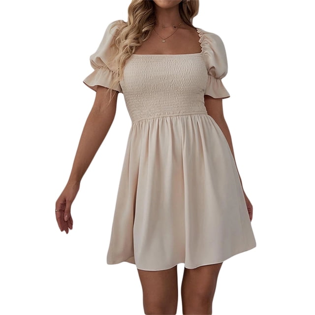 Txlixc Vestido de manga corta de mujer, cuello cuadrado, pliegue de pliegue Txlixc moda