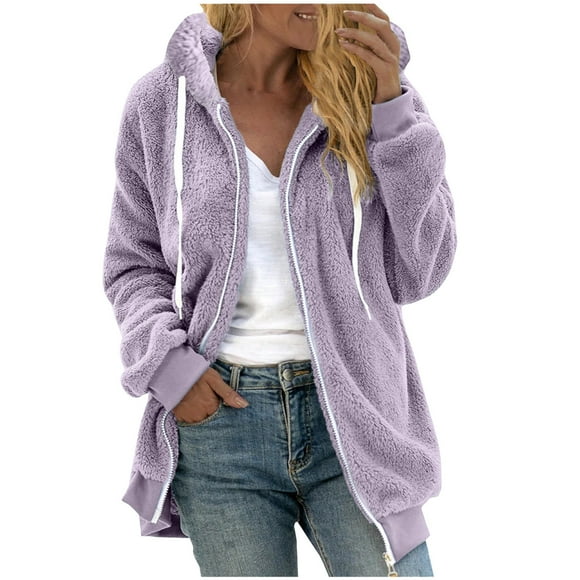 VEKDONE 2025 Clearance Womens Long Sleeve Zipper Hoodie Jackets Trendy Color Block Drawstring Outwear Fall Winter Double Plush Warm Hooded Coat Casual Loose Fit Plus Size Jacket