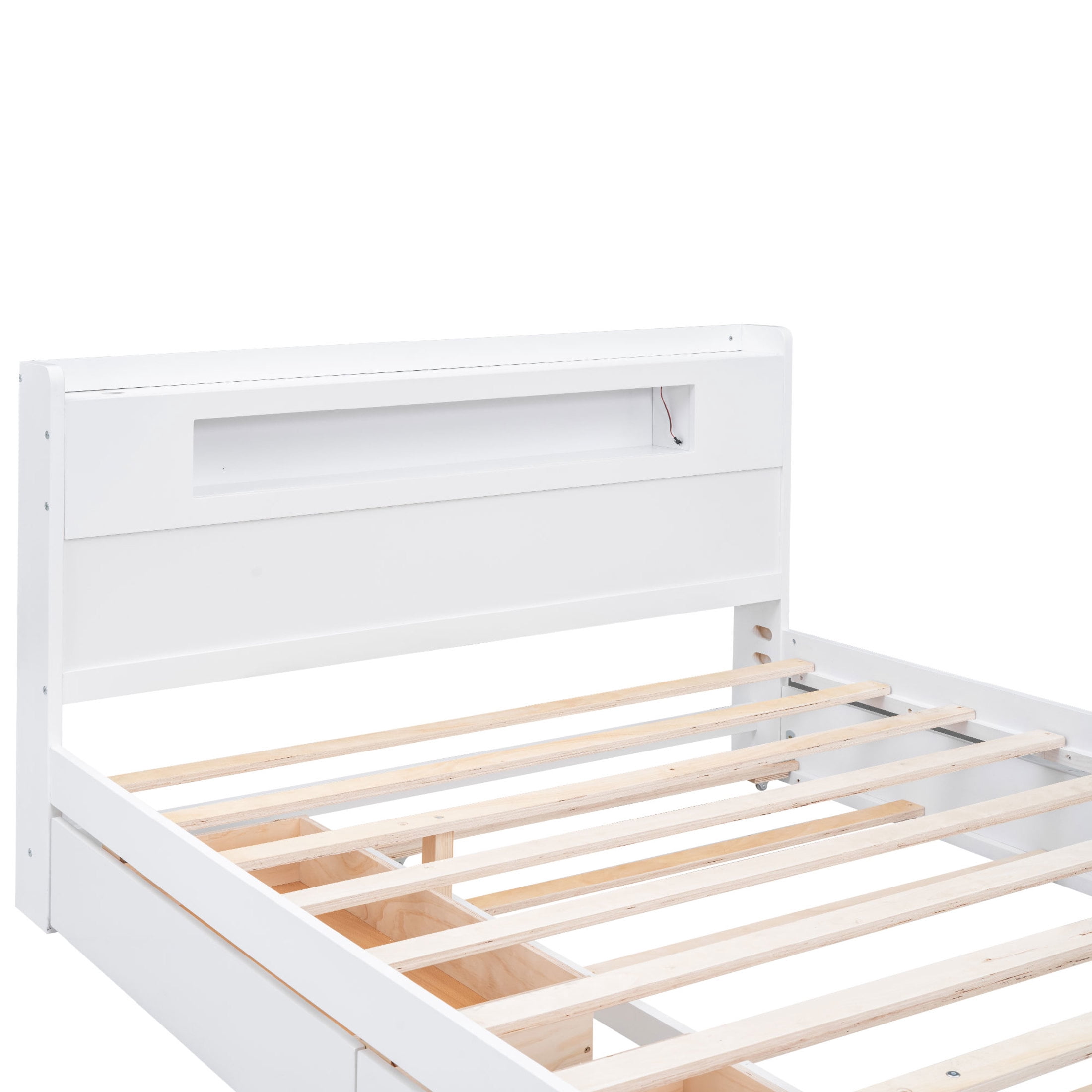 Noble House Queen Size Pine Wood Platform Bed with LED Headboard, Storage Drawers and Twin Trundle, White