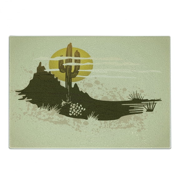 Arizona Cutting Board, Grunge Dramatic Landscape with Saguaro and Sun, Decorative Tempered Glass Cutting and Serving Board, in 3 Sizes, by Ambesonne
