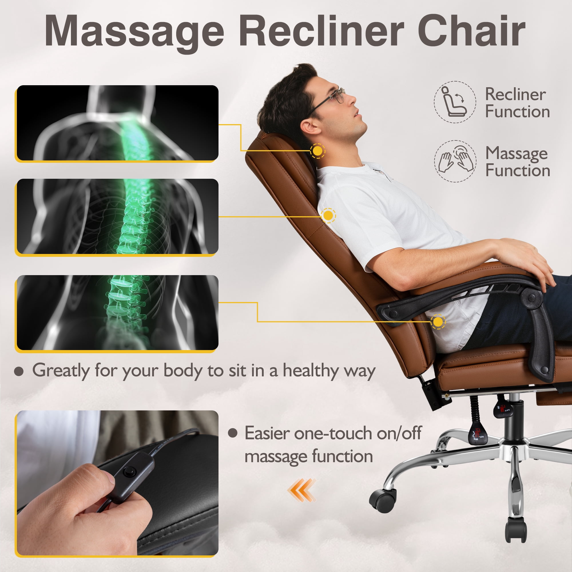 Furmax Reclining Massage Computer Chair Ergonomic Executive Office Chair Height Adjustable Leather Chair With Armsrests,Brown