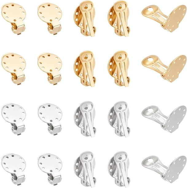 20 pendientes de clip de acero inoxidable de 2 colores, planos, redondos, hipoalergénicos, sin perforaciones, con clip de metal, engaste falso.