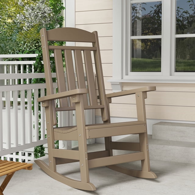 FOOWIN Patio Slat Rocking Chair, HDPE Plastic Weather Resistant Porch Rocker,Brown