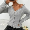 thumbnail image 6 of Cropped Sweaters For Women Sevevn Womens Ribbed Knit Cardigan Sweater Pearl Button V Neck Ruffle Long Sleeve Fall Winter Casual Outfits, 6 of 7
