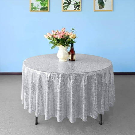 

Trimming Shop 120 - Round Sequin Tablecloth Glitter Sparkly Table Cover for Home & Dining Party Decoration Silver - 1pcs