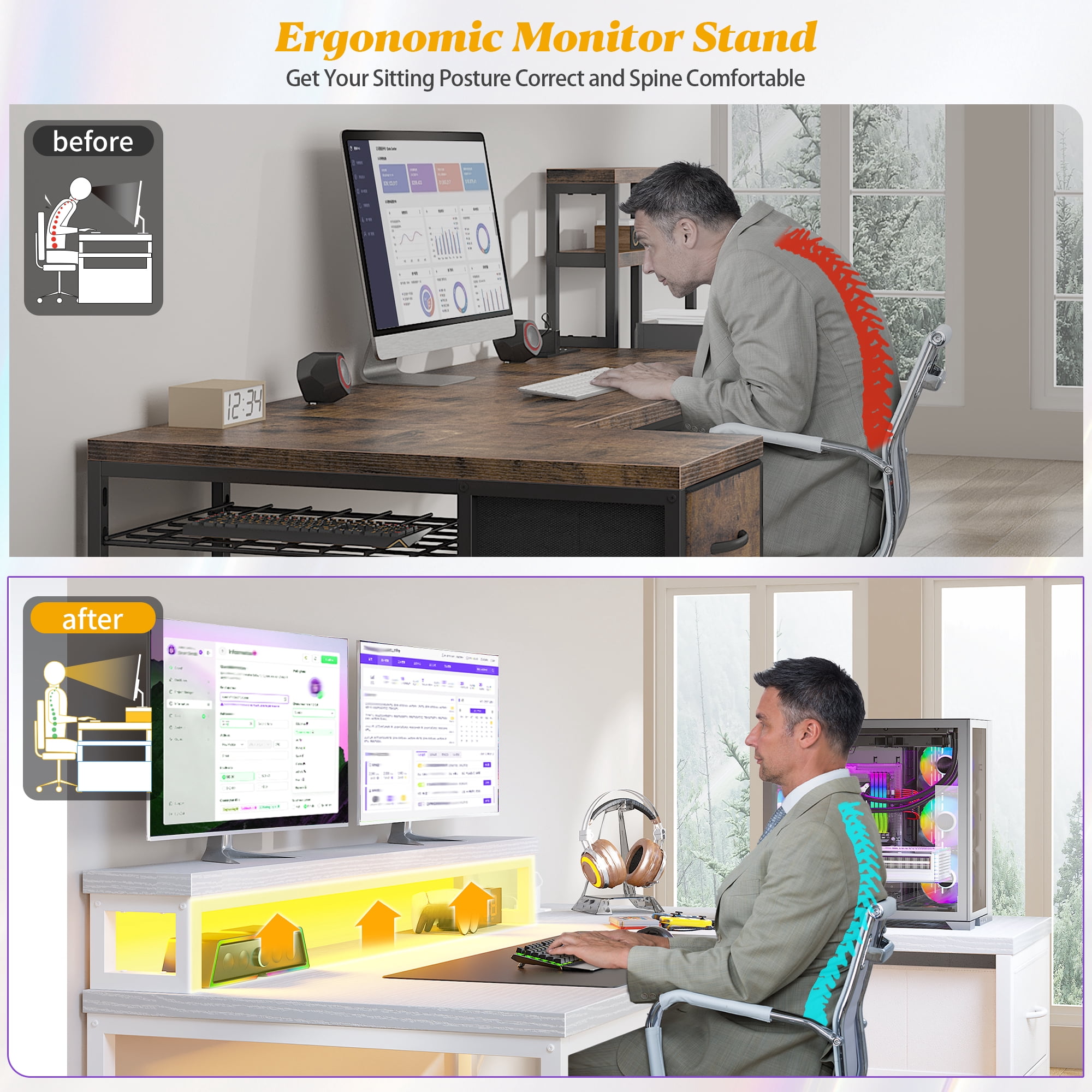 Romorgniz Computer Desk White Desk With Drawers l Shaped Desk with Monitor Stand Gaming Desk with LED Lights & Power Outlet for Gaming Room,Home Office,Bedroom,48"L x 32"W x 36"H