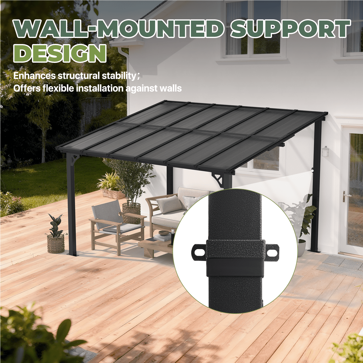 BaPiPro 12x10 ft Wall-Mounted Hardtop Gazebo with Polycarbonate Roof, Aluminum Frame, Outdoor Patio Cover for Poolside or Backyard, UV Resistant
