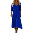 thumbnail image 2 of HAOTAGS Women Dresses Elastic Waist Relaxed Fit V-Neck Solid Color Long Sleeve Maxi Dress Blue Size 2XL, 2 of 7