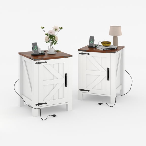 Farmhouse Nightstand set of 2 with USB Charging Station, Rustic Bedside Table with Sliding Barn Door & Adjustable Shelf, 18 Inch Two-Tier End Table for Bedroom Living Room