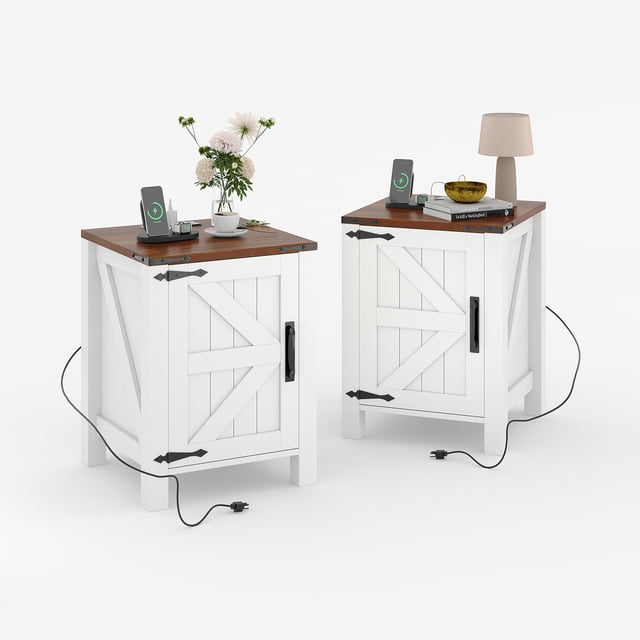 Set of 2 Rustic Farmhouse Bedside Cabinets with USB Charging Station, 18'' Large Bedside Tables, Sliding Barn Door, Adjustable Shelf, Two-Tier Storage, Bedroom/Living Room, White and Brown, Two Packs