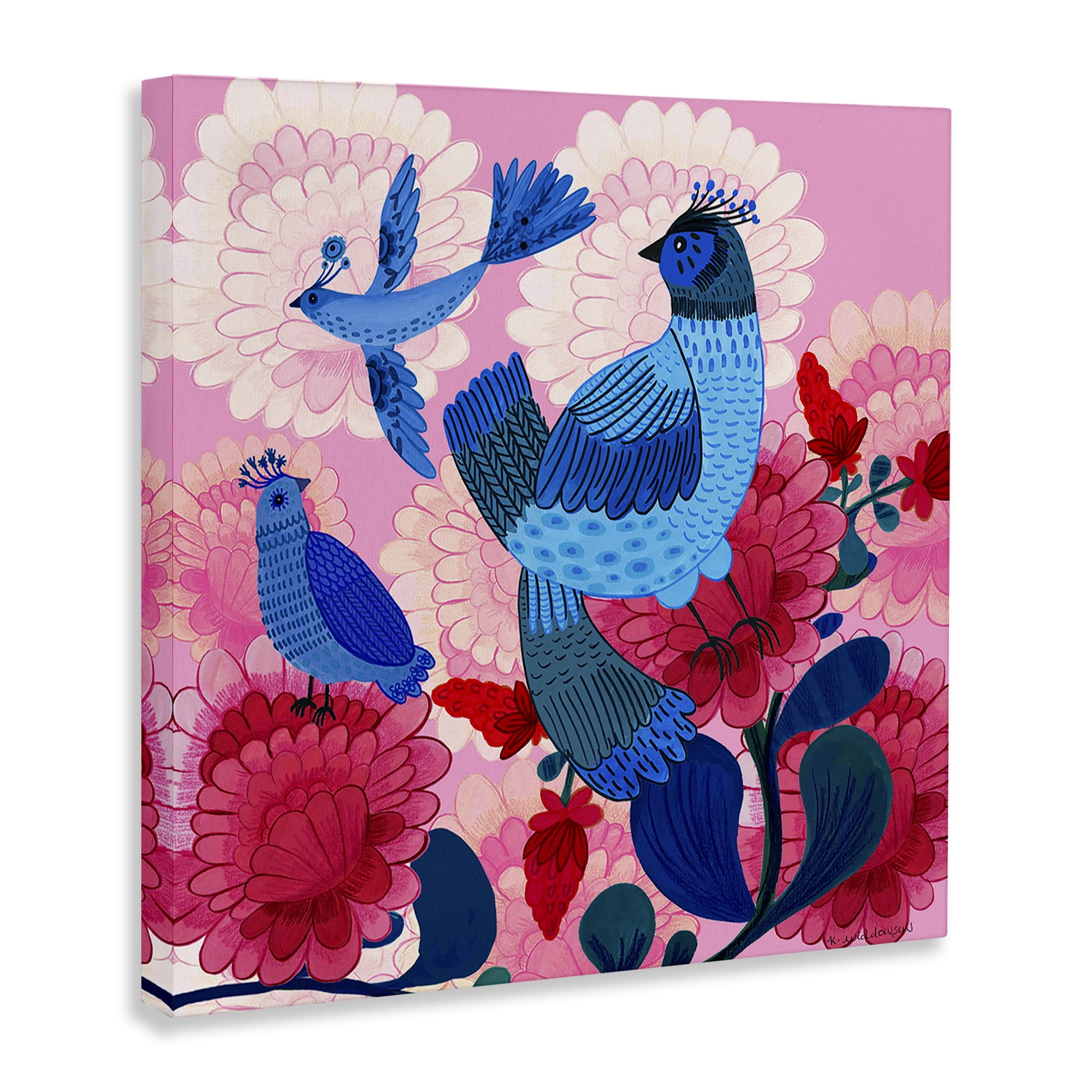 Stupell Industries Folk Birds on Dahlias Animals Painting Wrapped Canvas Canvas Art Print Wall Art, 36 x 36