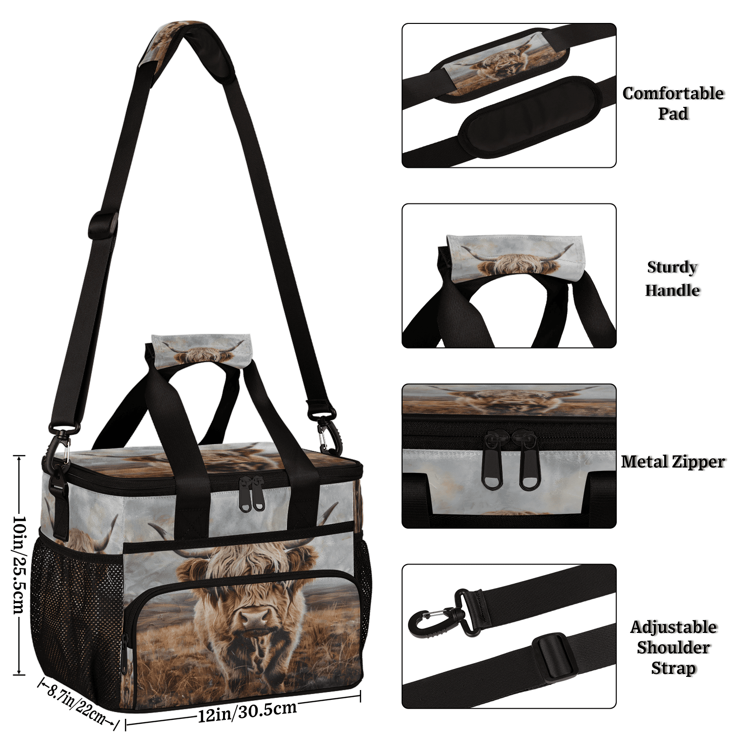 Herdesigns Highland Cow Funny Large Lunch Box for Adults Women Men with Adjustable Shoulder Strap, Insulated Reusable Lunch Bag Leakproof Cooler Tote Bag