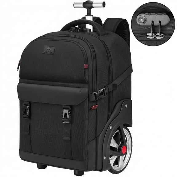 Matein Rolling Travel Backpack for Adults, 17 inch Laptop Backpack with Wheels with Combination Lock, Black