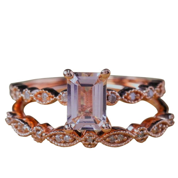 1.50 carat Emerald Cut Morganite and Diamond Bridal Ring Set Engagement ring set in 10k Rose Gold
