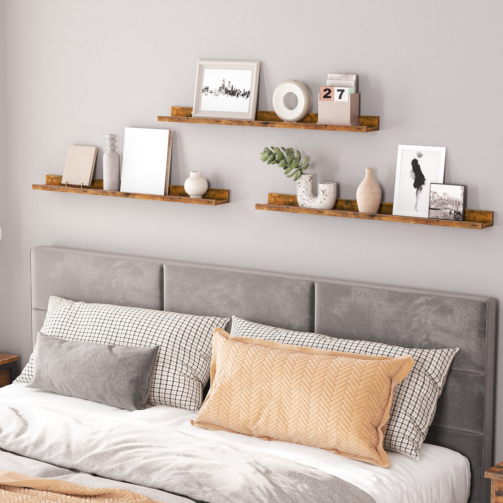HOOBRO Set of 3 35.4-Inch Floating Wall Shelves with Raised Edge & Invisible Brackets, Rustic Brown