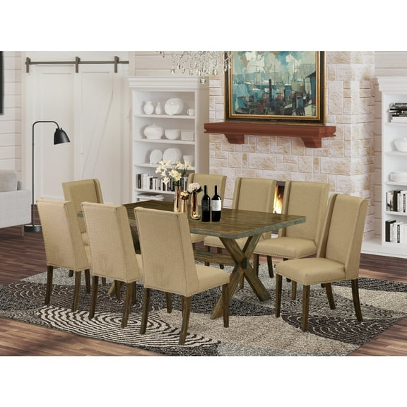 Victorian Dining Set - 9 Piece TableChair Set - 40x72 Inch Rectangle Table with 8 Linen Parsons Chairs