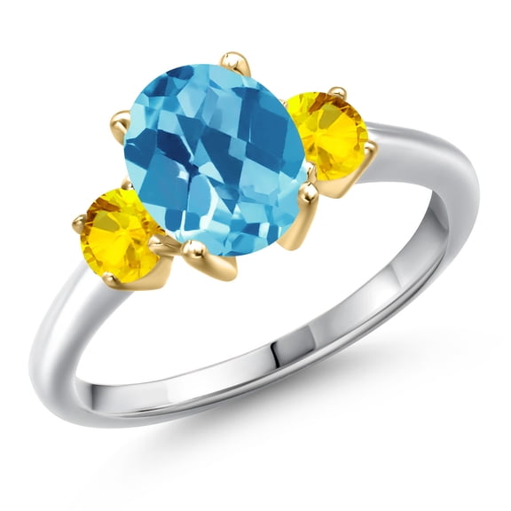 Gem Stone King 10K Two Tone Gold Swiss Blue Topaz and Yellow Sapphire Engagement Ring for Women | 2.97 Cttw | Oval Checkerboard 9X7MM | Gemstone November Birthstone | Size 5