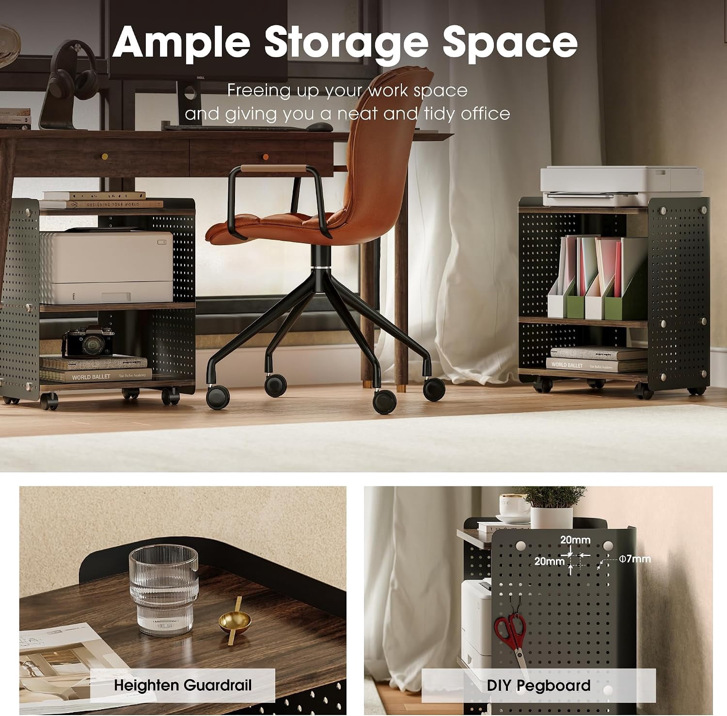 Fenge 3-Tier Rolling Printer Stand with Pegboard Storage, Brown, 17.8 x 13.2 x 21.8 in