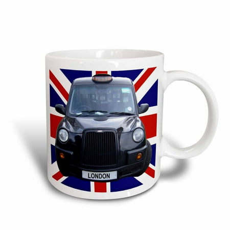 3dRose London Black Taxi Cab on British Flag union Jack background - UK Great Britain United Kingdom Travel, Ceramic Mug, 15-ounce