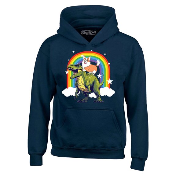 Shop4Ever Men's Funny Corgi Riding Dinosaur and Rainbow Hooded Sweatshirt Hoodie Large Navy