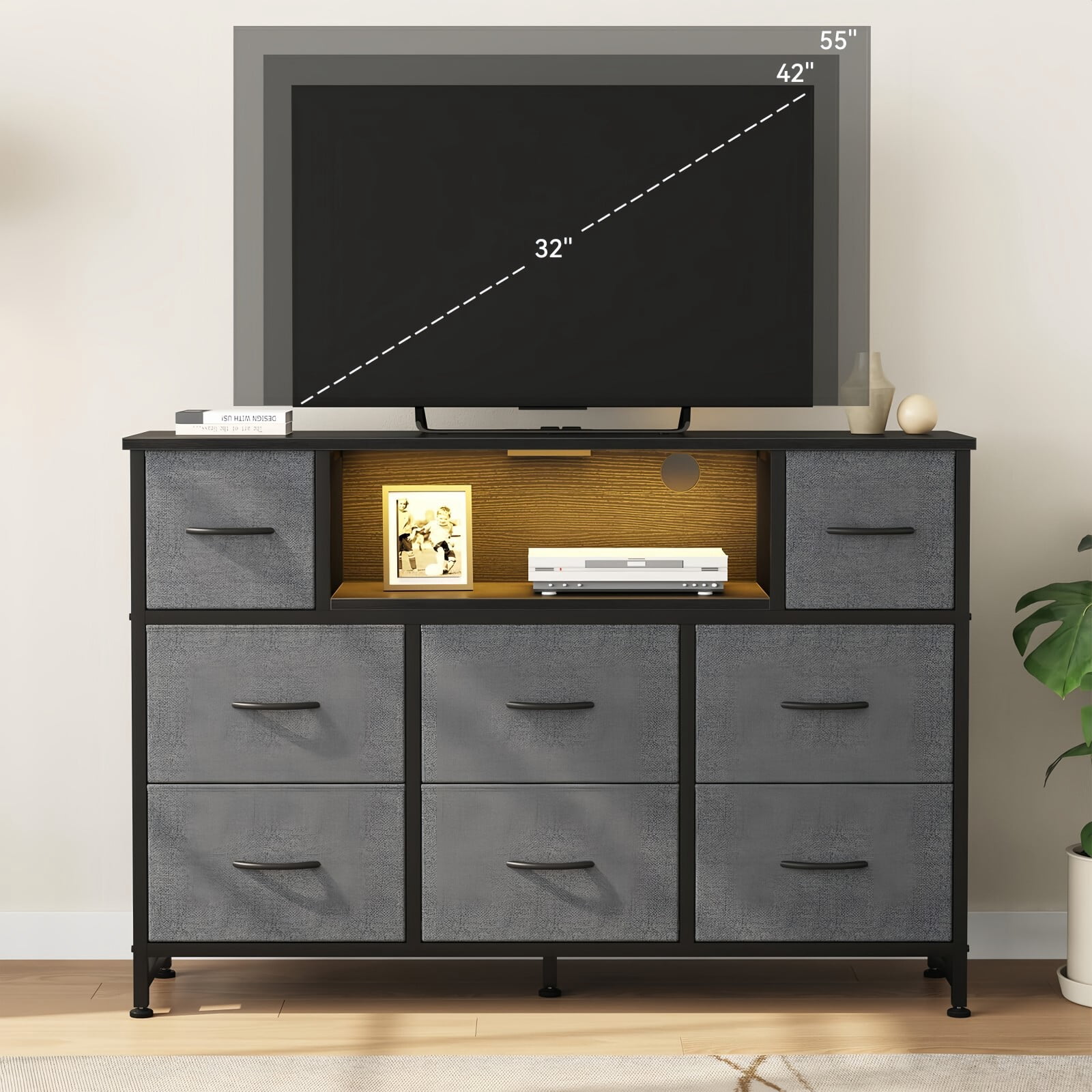 Kelno TV Stand Dresser with 8 Fabric Drawers Open Shelf LED Lights AC USB Charging Station, Gray