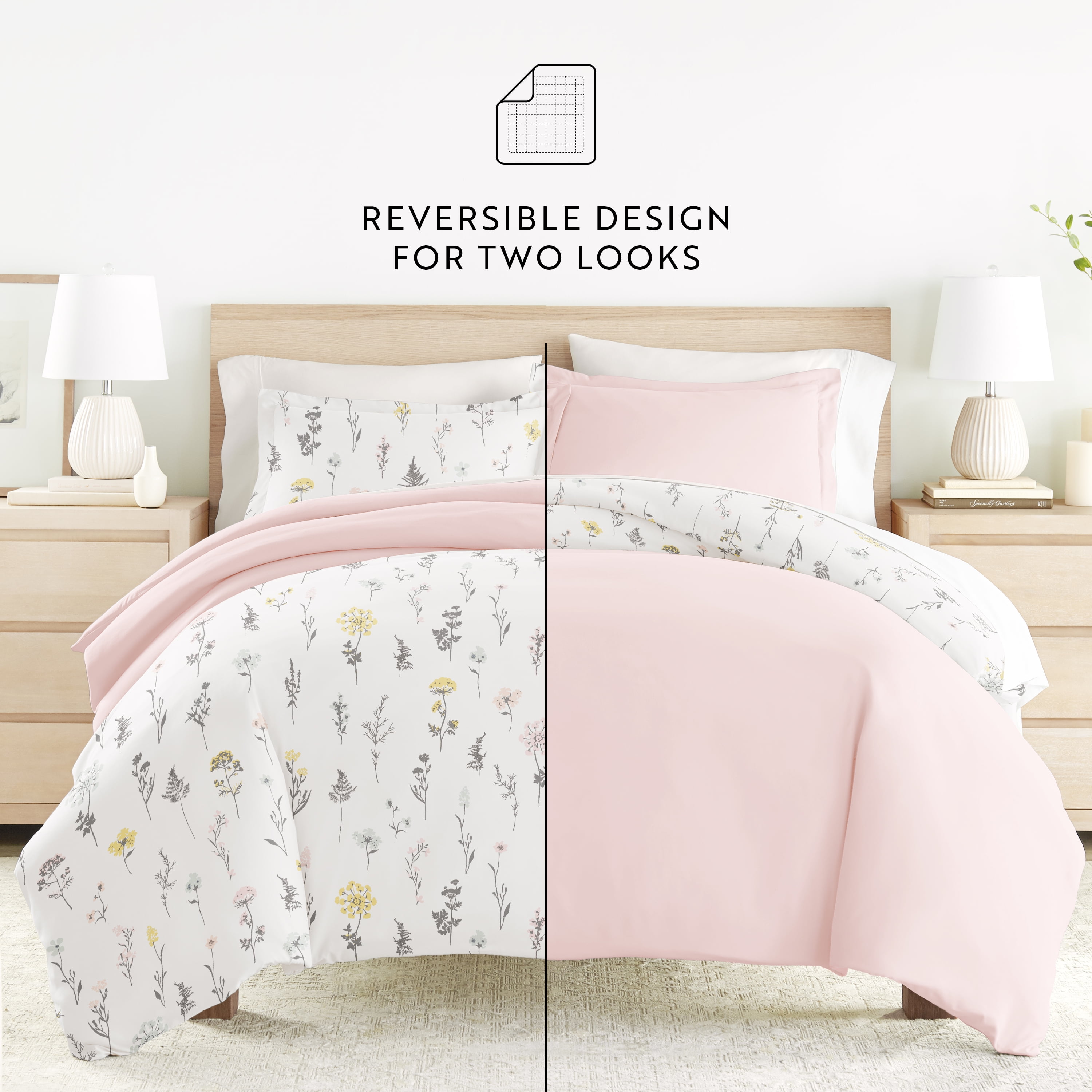 6PC Bedding Bundle - Patterned Duvet Cover Set White Comforter and Solid Sheet Set in Wildflower