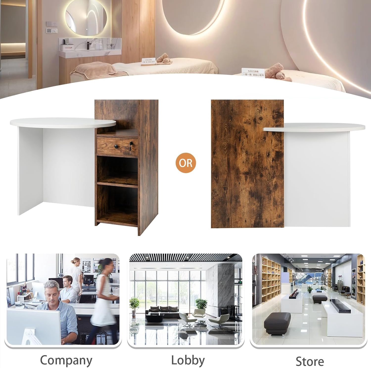Reception Desk, Small Retail Checkout Counter with Lockable Drawer and Open Shelves, Wooden Front Desk Reception Counter, Oval Desktop & L Counter for Store Office Lobby Salon (Brown)