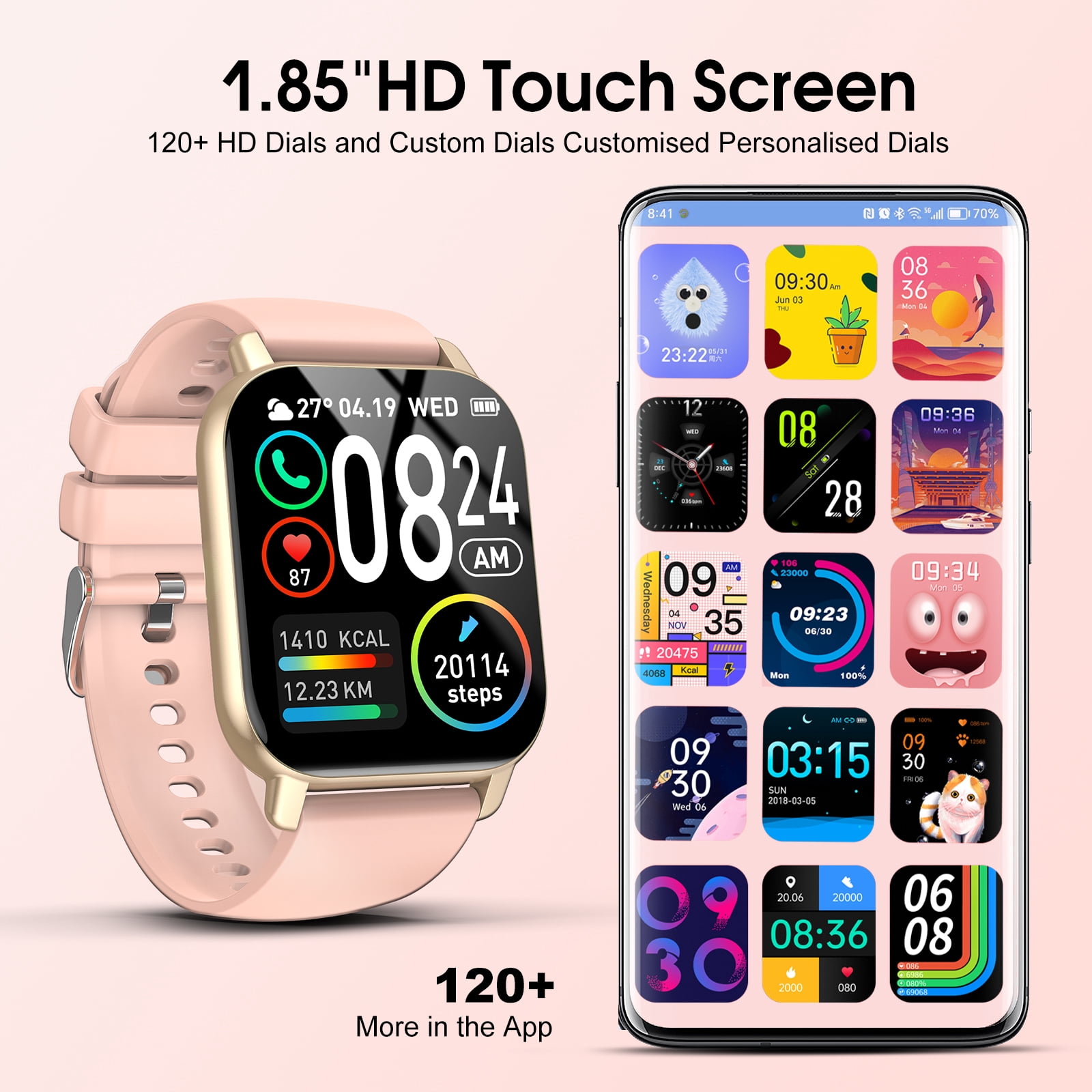 Smart Watch for Women Android IOS with Bluetooth Call, 1.85" Touch Screen 112+ Sport Modes Fitness Tracker, IP68 Waterproof Smartwatch, Gift Idea, Pink