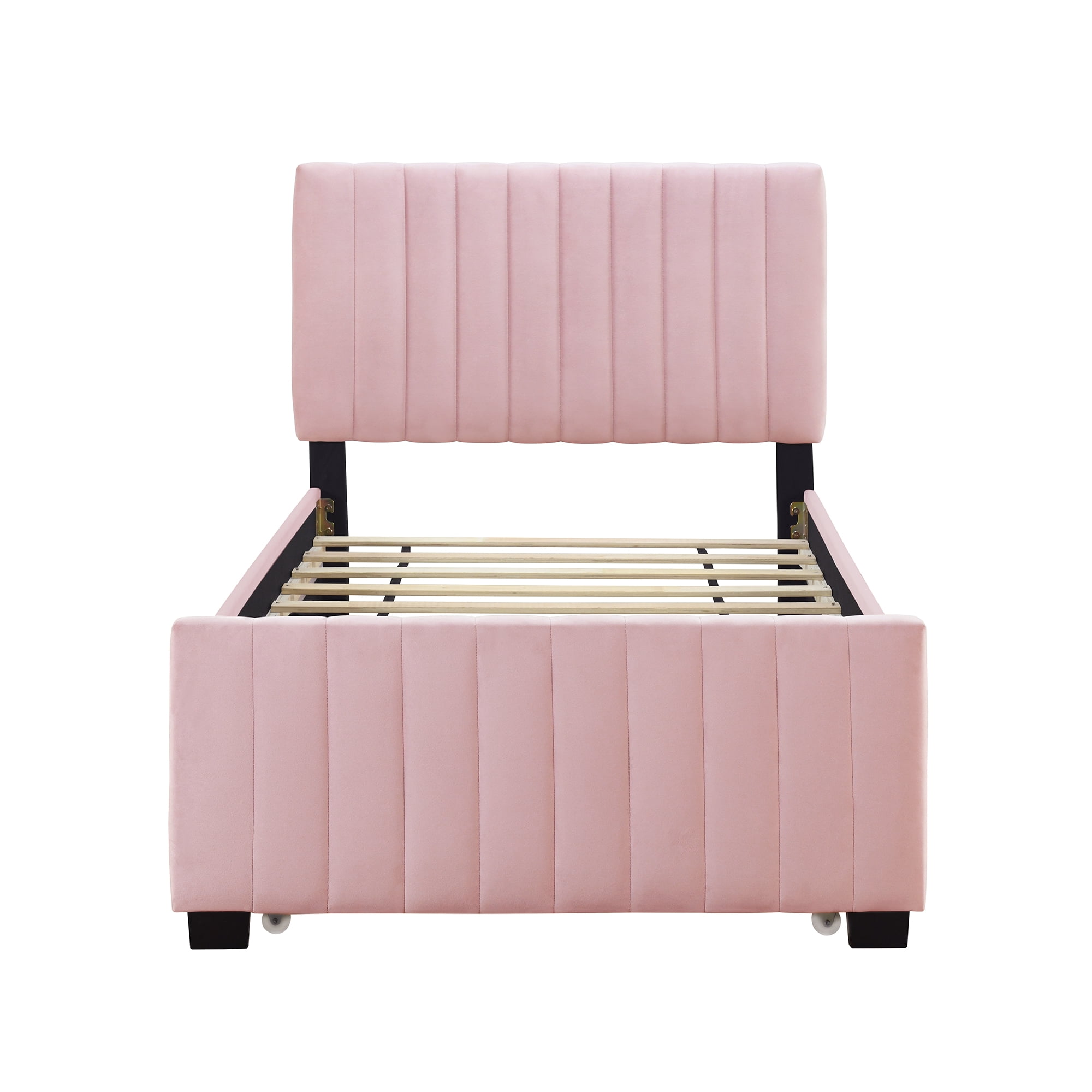 Aukfa Twin Size Upholstered Platform Bed Frame with Twin Size Trundle for Bedroom,Guestroom, Pink
