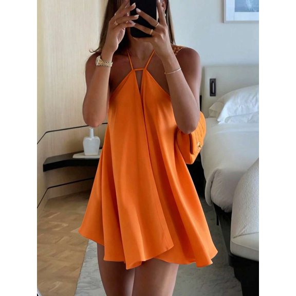 Burnt Orange Womens Loose-Fit Halter Mini Dress With Tie Front And Backless Design