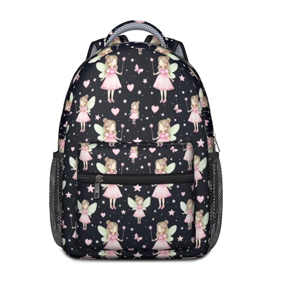 Princess and Fairy Black Pattern Backpack for School, Cute School Bag with Adjustable Shoulder Straps and Padded Back, 15.3"x11"x6.7"
