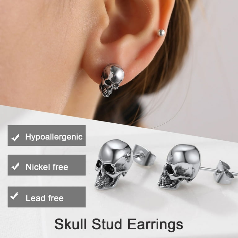 U7 Mens Earring Skull Head Silver Studs Dangle Drop Earrings