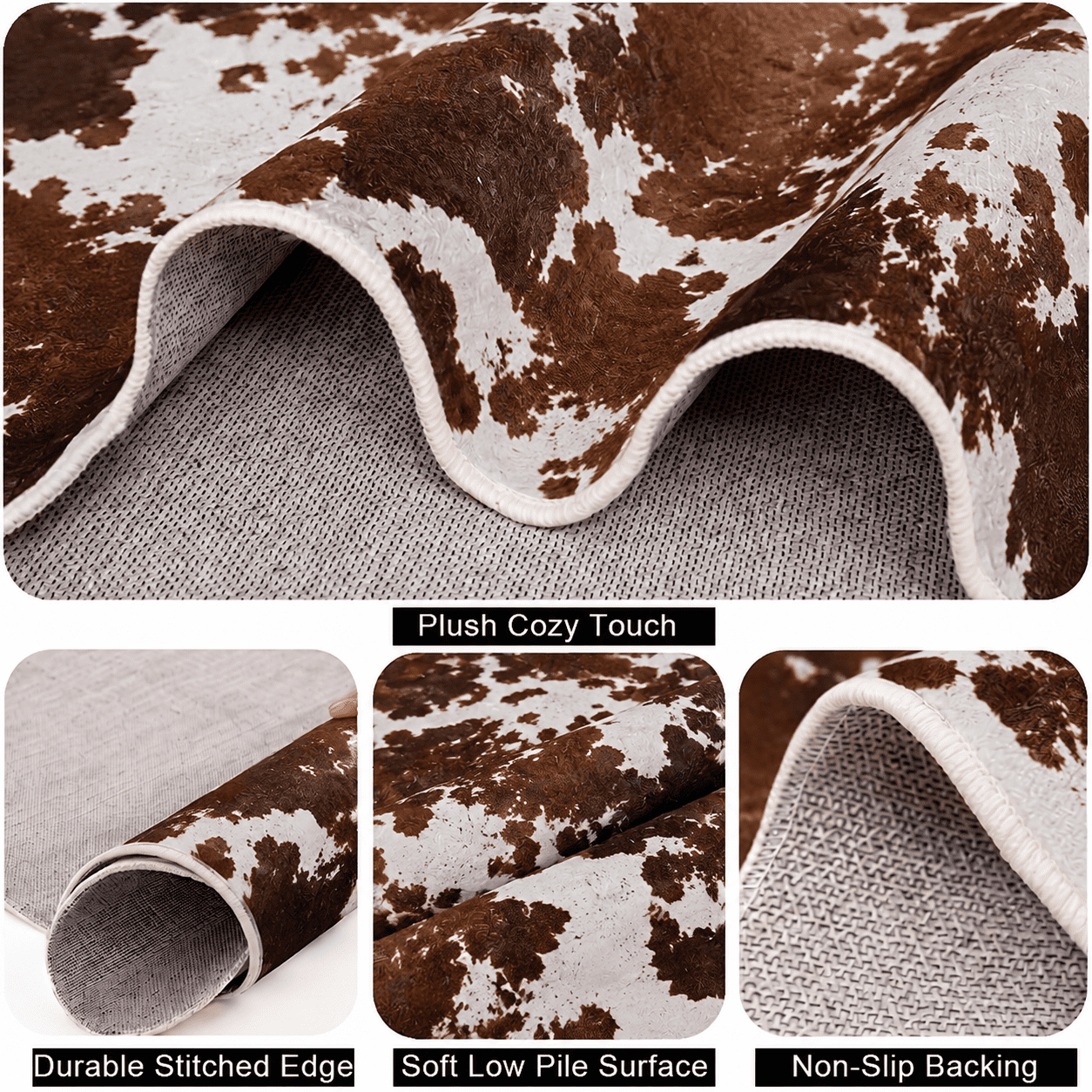 VALOMENE Washable 6' x 8' Cow Print Area Rugs for Living Room Bedroom Animal Print Hide Skin Rustic Western Décor Black and Brown