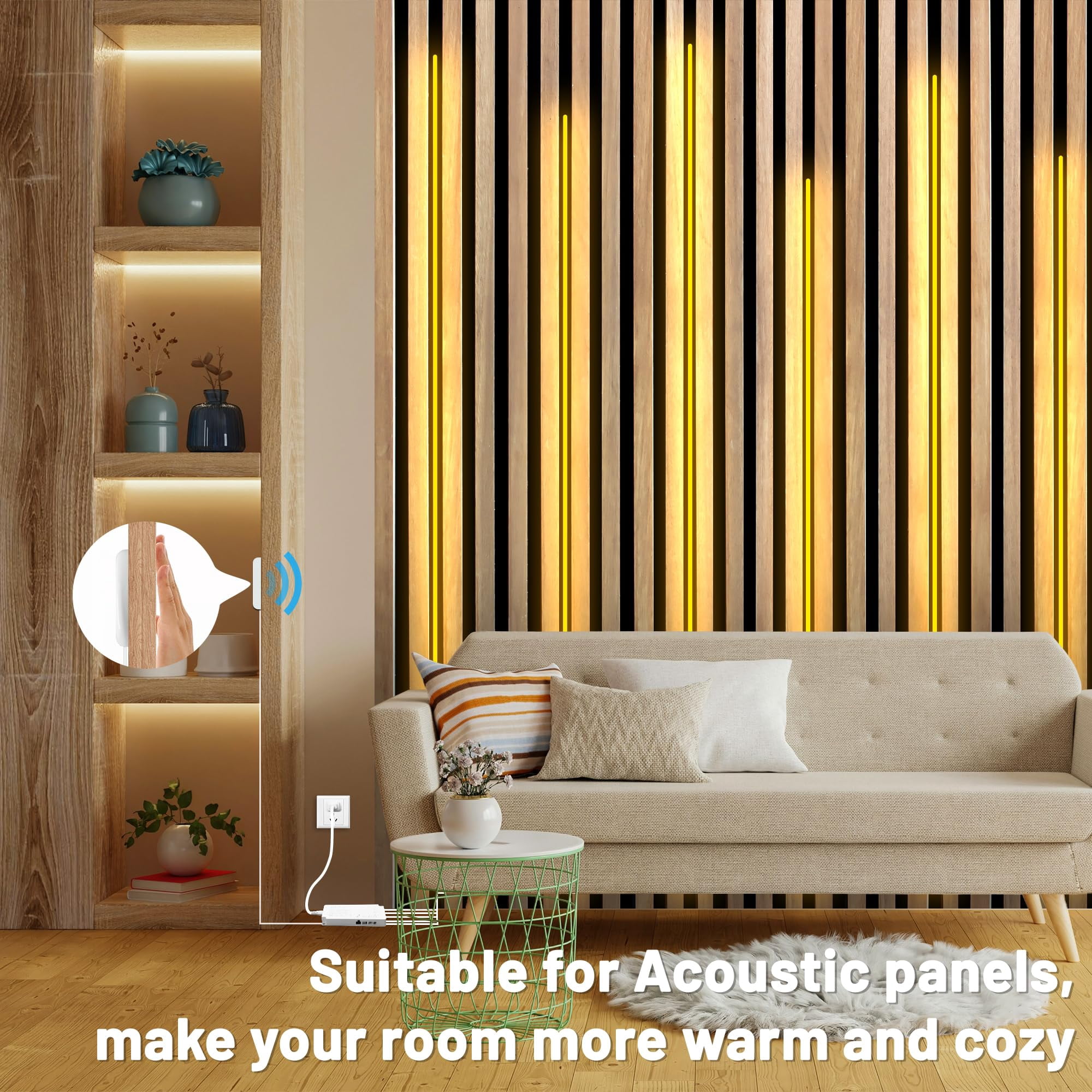 Keypai 6.56ft COB LED Strip Light, 6 Rolls of 3000K Flexible COB LED for Acoustic Panel and Wood Slat Wall Panels Parallel with Dimmable Touch Sensor Switch, Cuttable for Wood Slat Lighting, Shelf