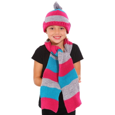 - Winter Warm Knitted Set Stripe Toddler Kids Beanie Scarf 2 Pcs Set