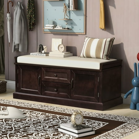 

Romacci Storage Bench with 2 Drawers and 2 cabinets Shoe Bench with Removable Cushion for Living Room Entryway (Espresso)